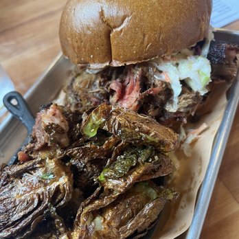 Farmboys Smokin BBQ - Pulled pork sandwich with brussel sprouts - Barbeque Near Me - Danbury, Connecticut