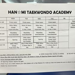 Hanmi Tae Kwon Do - Class schedule