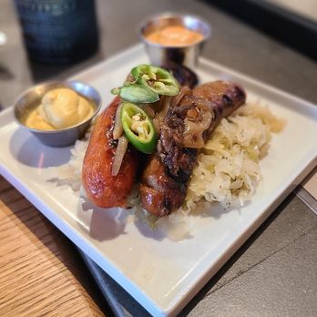Blue Palms Brewhouse - Sausage Plate- Smoked Venison and Wild Boar Andouille - Burgers Near Me - Northridge, California Blue Palms Brewhouse - Sausage Plate- Smoked Venison and Wild Boar Andouille - Burgers Near Me - Northridge, California
