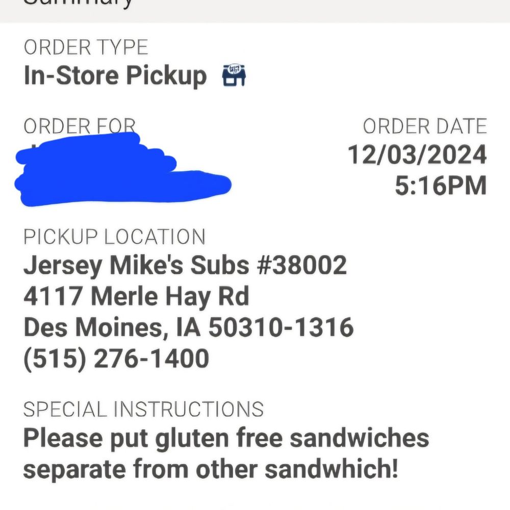 Jersey Mike's Subs - When my order was placed and special instructions listed. - Fast Food Near Me - Des Moines, Iowa Jersey Mike's Subs - When my order was placed and special instructions listed. - Fast Food Near Me - Des Moines, Iowa