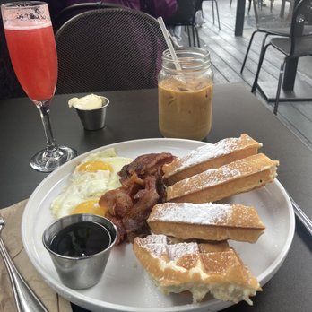 Caffe Central - Waffle combo with fried eggs and bacon. - Coffee & Tea Near Me - Burlingame, California