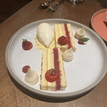 Suyo Modern Peruvian - Pastel de Yuzu con Fresa, with queso fresco ice cream, honey namelaka, milk crumble - Peruvian Near Me - Vancouver, British Columbia