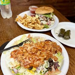 Troy Grille - Chicken Istanbul salad bowl, stuffed grape leaves, and Farmer's Burger & fried potato