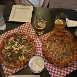 Dillon's - Classic Cheese Pizza, meatball pizza, beers