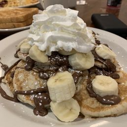 Silver Dollar Pancakes with Nutella, bananas AND whipped cream