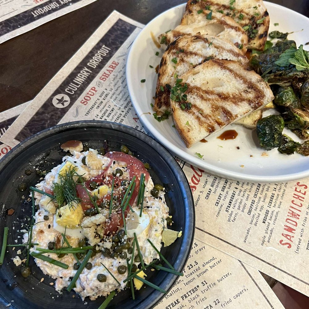 Culinary Dropout - Salmon dip, bread and brussel sprouts - New American Near Me - Austin, Texas