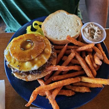 3 Bananas - The Burger with Pineapple and sweet potato fries. - Fish & Chips Near Me - Crescent City, Florida