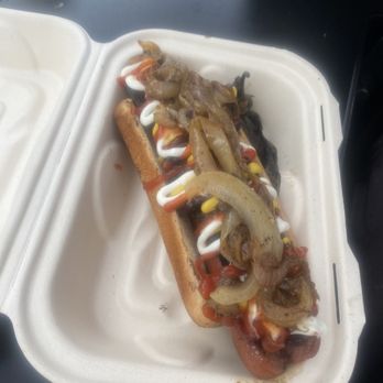 Dank Burger - Applewood smoked bacon all beef hot dog with grilled onions grilled jalapeño - Food Stands Near Me - San Diego, California Dank Burger - Applewood smoked bacon all beef hot dog with grilled onions grilled jalapeño - Food Stands Near Me - San Diego, California