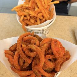 Potato Corner - Loopy fries with Cheddar and Regular with sour cream and chive and cheddar.