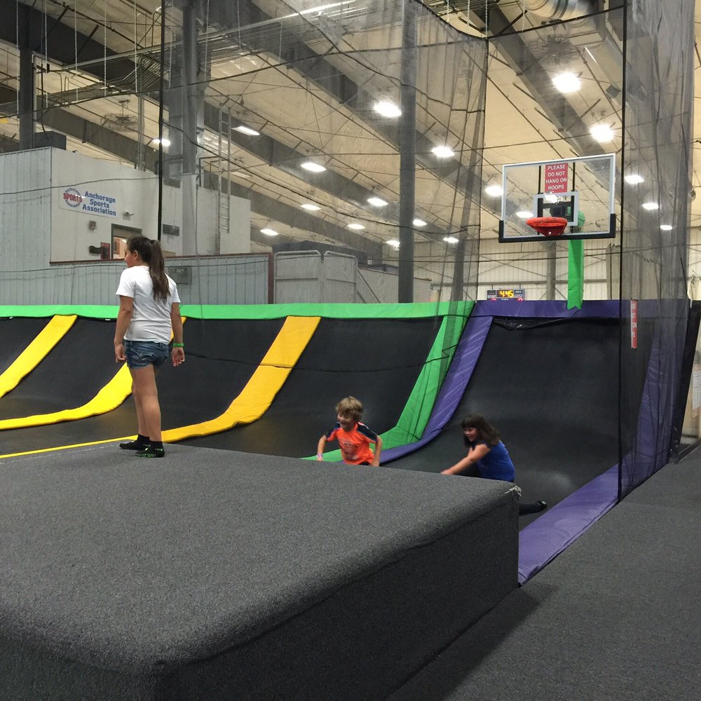 Curved trampoline and basketball hoop. Curved trampoline and basketball hoop.