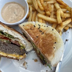 Boardwalk Bistro - Burger and chips with special sauce on the side