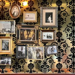 Park & Rec - Interior - picture frames hanging up against a gold damask patterned wallpaper.