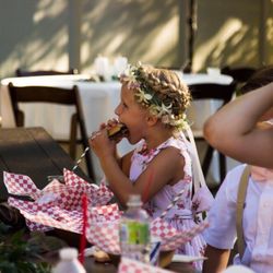 Caley's Catering and Events - Backyard wedding reception with Burgers, fries, onion rings and Iceberg drive inn shakes.