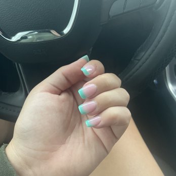 Nail Lab - ANC dip set with tips. French manicure style with teal instead of white. - Nail Salons Near Me - Clifton Park, New York