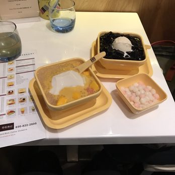 Sweethoney Dessert - Mango pomelo sago with tofu; grass jelly in red bean soup topped with ice cream; extra rice balls ($.50); free tea; super small table for 2 - Desserts Near Me - Colma, California