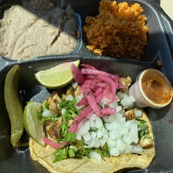 Mesquite Fresh Street Mex - Chicken taco, on corn tortilla, with cilantro and onion. Rice abs beans and hot sauce and pickled onion? - Mexican Near Me - Phoenix, Arizona Mesquite Fresh Street Mex - Chicken taco, on corn tortilla, with cilantro and onion. Rice abs beans and hot sauce and pickled onion? - Mexican Near Me - Phoenix, Arizona