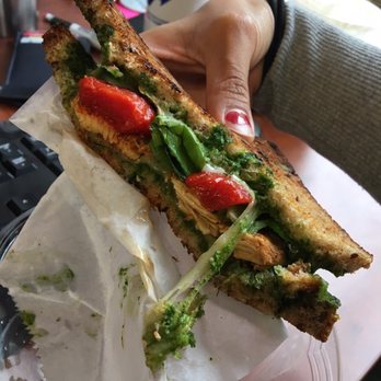 Fruces Juice Bar - Tasty Chicken Pesto sandwich! With gruyere cheese, spinach, and roasted red peppers (ingredients and bread can vary. But still delish!) - Juice Bars & Smoothies Near Me - New York, New York