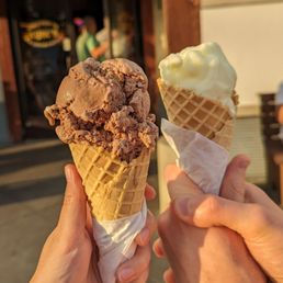 Chocolate peanut butter ice cream and lemon sorbet (he'd already started eating his. Oops!)