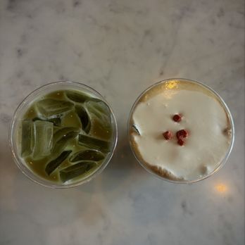 3Thyme - Matcha Latte (Oatmilk) + Strawberry Cream Latte (Oatmilk) - Coffee & Tea Near Me - Los Angeles, California
