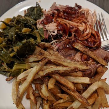 Bear's Smokehouse - 2 meat combo with pulled pork, brisket, collards and fries. My to go order filled a regular home dinner plate to overflowing. - Barbeque Near Me - New Haven, Connecticut Bear's Smokehouse - 2 meat combo with pulled pork, brisket, collards and fries. My to go order filled a regular home dinner plate to overflowing. - Barbeque Near Me - New Haven, Connecticut