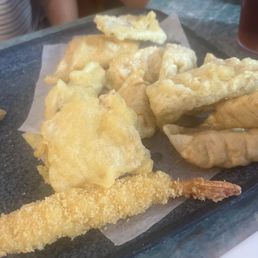 This tempura plate was rubbery or barely fried. They have a video continuing to advertise quality but most of this stuff is store bought.