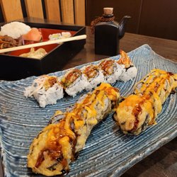 Sushi Haru - Shrimp Tempura roll, Bagel roll, and Wild Cat roll.