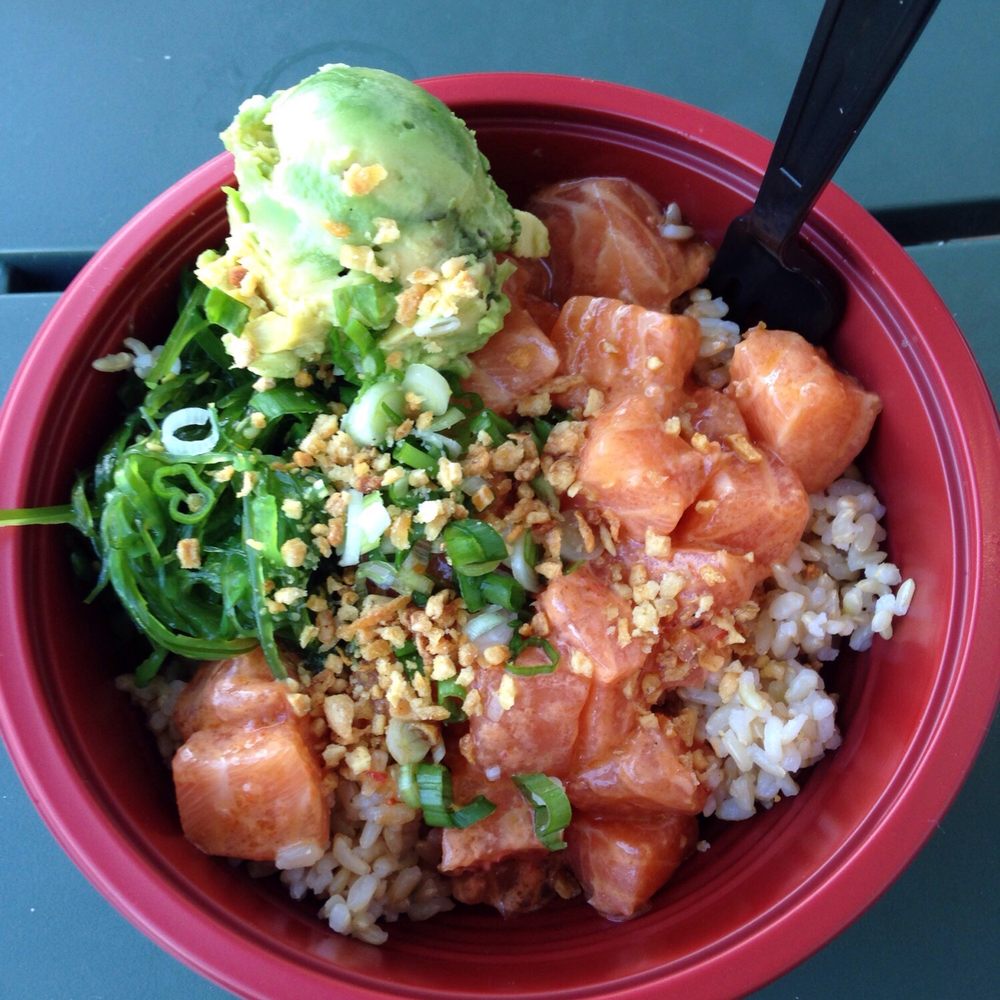 Poki Bar - Arcadia - Medium bowl with 3 scoops of salmon, spicy mayo, soy sauce, fried garlic, green onion, seaweed salad, and scoop of avocado. - Sushi Bars Near Me - Arcadia, California Poki Bar - Arcadia - Medium bowl with 3 scoops of salmon, spicy mayo, soy sauce, fried garlic, green onion, seaweed salad, and scoop of avocado. - Sushi Bars Near Me - Arcadia, California
