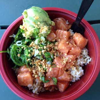 Poki Bar - Arcadia - Medium bowl with 3 scoops of salmon, spicy mayo, soy sauce, fried garlic, green onion, seaweed salad, and scoop of avocado. - Sushi Bars Near Me - Arcadia, California Poki Bar - Arcadia - Medium bowl with 3 scoops of salmon, spicy mayo, soy sauce, fried garlic, green onion, seaweed salad, and scoop of avocado. - Sushi Bars Near Me - Arcadia, California