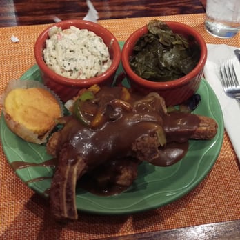 Mama J's Kitchen - Smothered pork chops with seafood salad and collard greens. - Soul Food Near Me - Richmond, Virginia