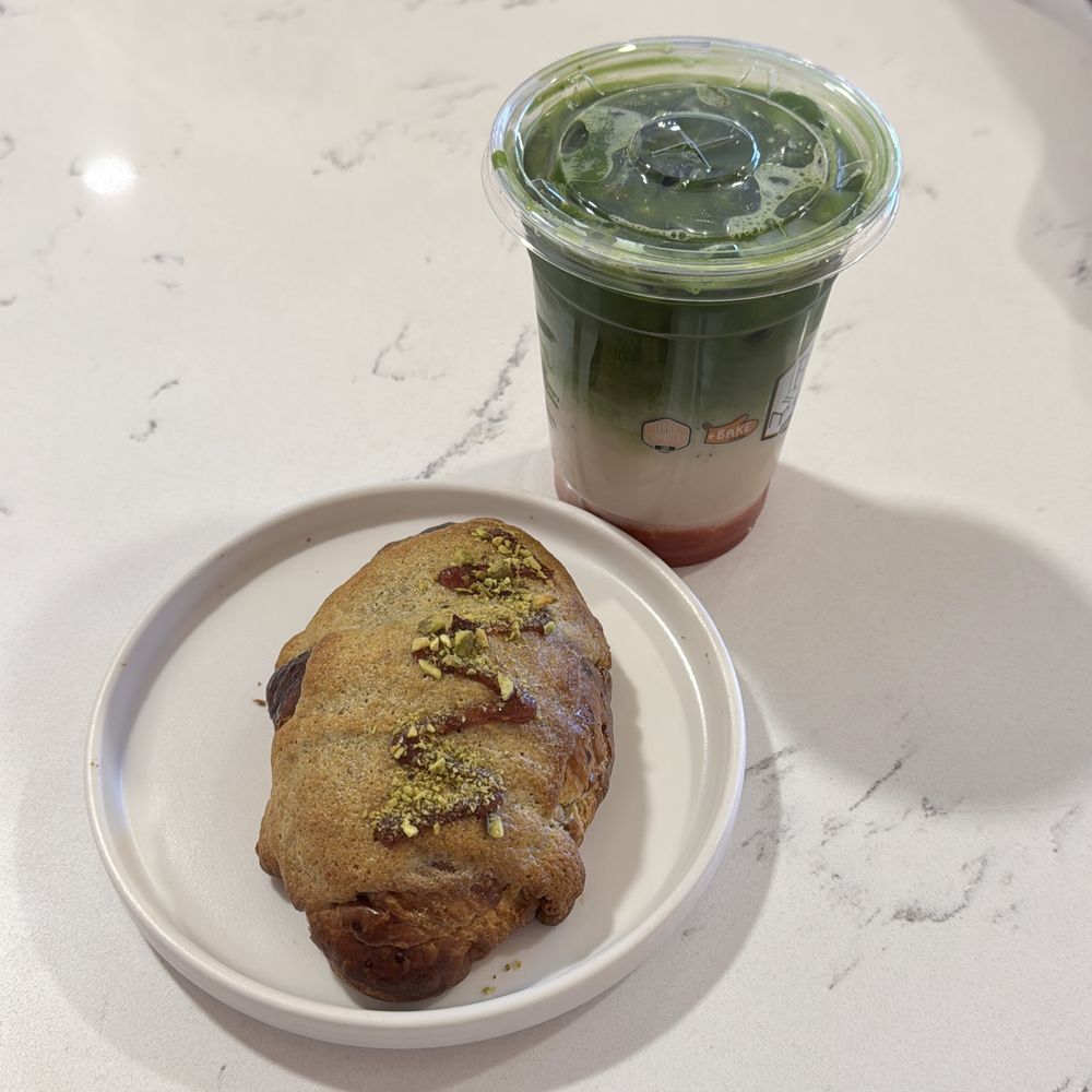 Strawberry matcha latte and pistachio croissant