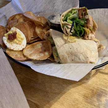 The Backstretch - Chicken Brussel Sprout Wrap, house made chips and crafted French onion dip, and a deviled egg - Bars Near Me - Delaware, Ohio