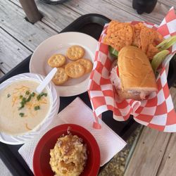 Word Of Mouth - Chicken salad sandwich, quinoa chips, potato soup, and almond bread pudding.