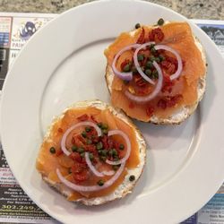 Bethany Diner - Smoked salmon everything bagel layered with cream cheese, red onions, capers, and sun-dried tomatoes