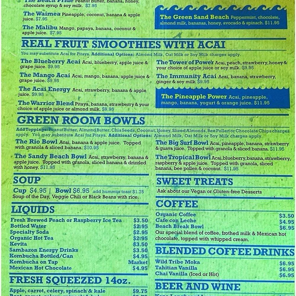 Green Room Cafe - The Liquid Menu. I've had the Fresh Brewed Raspberry Ice Tea before and it is tasty and refreshing. - Bars Near Me - Cocoa Beach, Florida