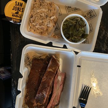 Sam Jones BBQ - The Jones family original: pulled pork, collared greens, and cornbread (not pictured) plus a pound of ribs. - Barbeque Near Me - Raleigh, North Carolina
