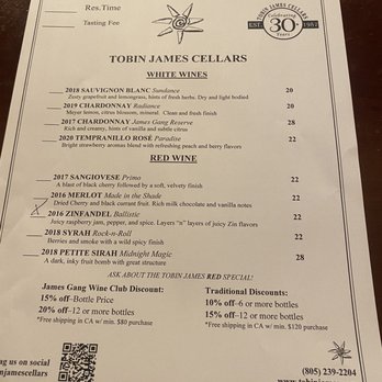 Tobin James Cellars - Wine list 6/17/22 - Wineries Near Me - Paso Robles, California