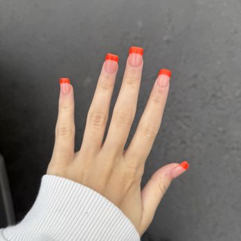 L'Amour Nails & Spa - Square orange french tip acrylic nails. - Nail Salons Near Me - Elizabethtown, Kentucky L'Amour Nails & Spa - Square orange french tip acrylic nails. - Nail Salons Near Me - Elizabethtown, Kentucky