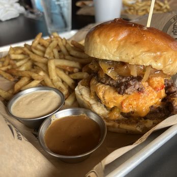 Over The Top Burger Bar - My husband had the Georgia burger- he was obsessed! Wolfed it down quick. Loved the jalapeño peach chutney. - Burgers Near Me - Buford, Georgia Over The Top Burger Bar - My husband had the Georgia burger- he was obsessed! Wolfed it down quick. Loved the jalapeño peach chutney. - Burgers Near Me - Buford, Georgia