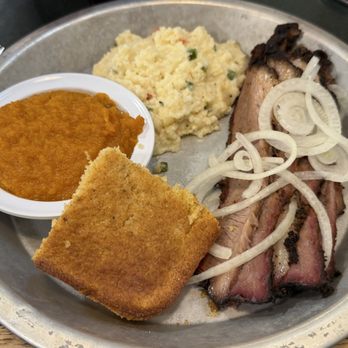 12 Bones Brewing - Sliced brisket plate w/mashed sweet potatoes & jalapeño cheesy grits - Breweries Near Me - Arden, North Carolina