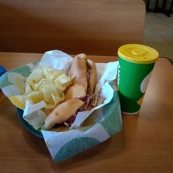 Subway - Delicious Meatball marinara sub with red onions, serves with salt & vinegar chips and a Sprite.