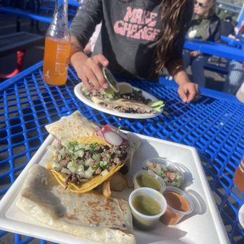 Joe's Taco Shop - Quesadilla with asada, and 3 tacos with asada, their green and orange sauces. - Tacos Near Me - San Jose, California