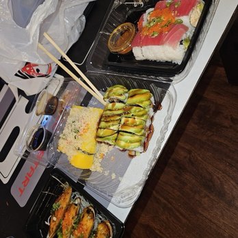 Wazabi Sushi - Orange - Mussles on left, bowser and eel roll in the middle and the Cherry Blossom roll on the right - Sushi Bars Near Me - Orange, California