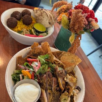 Spread Kitchen - Salad with chicken shawarma and seasoned pita chips, grain bowl with felafel. - Lebanese Near Me - Sonoma, California Spread Kitchen - Salad with chicken shawarma and seasoned pita chips, grain bowl with felafel. - Lebanese Near Me - Sonoma, California