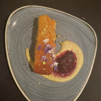 Harvest Beat - Amazing citrus semolina olive oil cake with pistachio cream and cherry compote - Vegetarian Near Me - Seattle, Washington Harvest Beat - Amazing citrus semolina olive oil cake with pistachio cream and cherry compote - Vegetarian Near Me - Seattle, Washington
