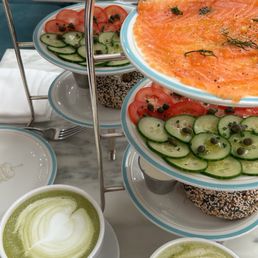 Salmon tower x2, matcha latte x2