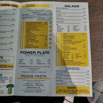 MatchPoint NYC - The menu page includes sections for eggs, salads, pasta, and sides. The eggs section offers options like Italian Omelette and Smoked Salmon Omelette. The salad section lists various salads such as Beet & Avocado Salad and Caesar Salad, with add-ons and prices. The pasta section features penne pasta with different sauces, and the sides include French fries, vegetables, and mashed potatoes. The menu provides detailed descriptions and prices for each item. - Gyms Near Me - Brooklyn, New York