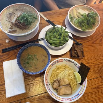 Ramen & Tsukemen TAO - 2 o'clock Vegetable ramen, Tsukemen and Tonkotsu with edamame in the center - Ramen Near Me - Buena Park, California