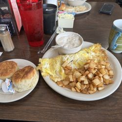 Southfield Grill - Veggie Omelette with Cheese, hash browns, biscuits and gravy