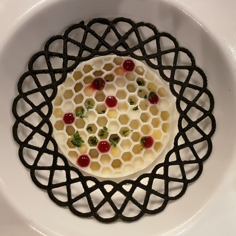 Nibi - Honeycomb flan with raspberry, lemon, and basil salt - New American Near Me - Battle Creek, Michigan Nibi - Honeycomb flan with raspberry, lemon, and basil salt - New American Near Me - Battle Creek, Michigan