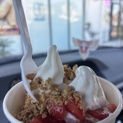 Penguin's Frozen Yogurt - 1/2 tart 1/2 vanilla Froyo w/ granola + strawberry.
